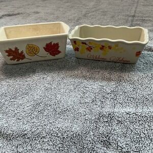 Nantucket Distributing Mini Loaf Pans Set 2 Autumn Leaves Ceramic Bakeware Cream